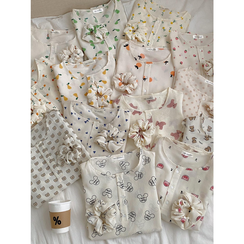 Bộ đồ ngủ cộc tay họa tiết chất thô đũi- Miho house