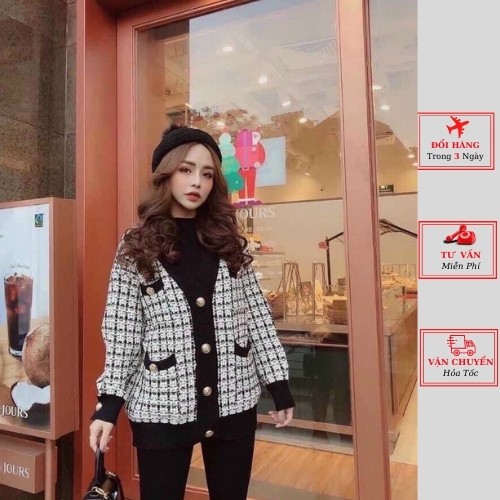 Áo cardigan len nữ dáng dài kẻ caro đen trắng ulzzang Hàn Quốc cá tính