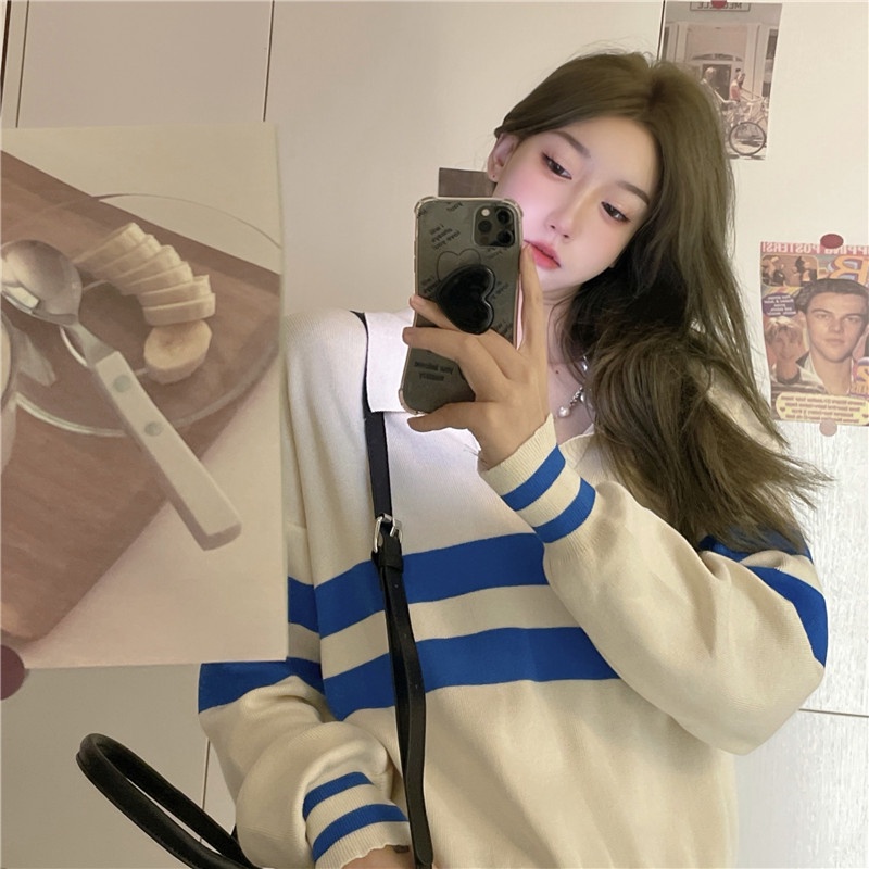 NZN  Áo Sweater Tay Dài Cổ Bẻ Phong Cách Retro Hàn Quốc Thời Trang Cho Nữ