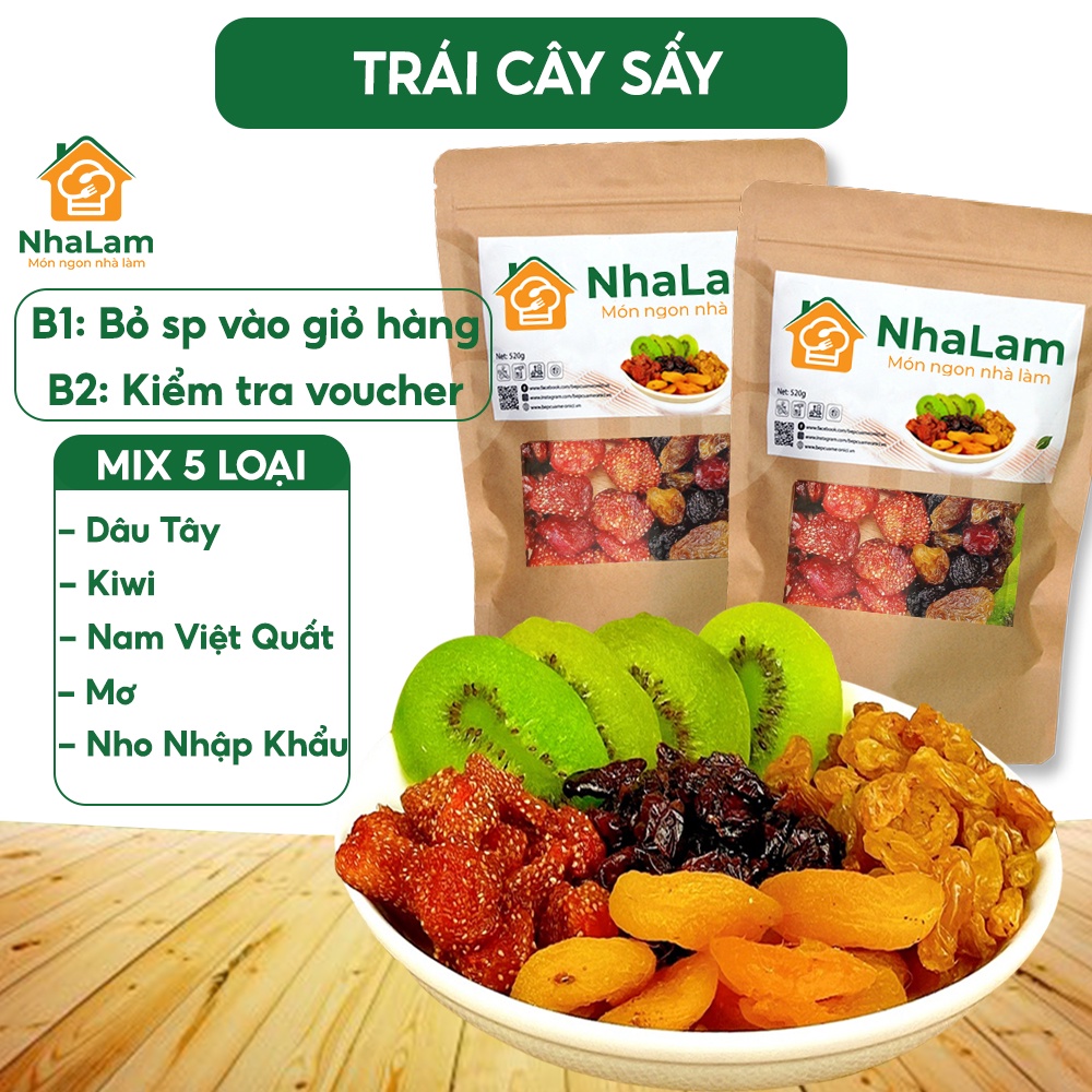 Trái Cây Sấy Dẻo Không Đường Mix 5 Loại Dâu Tây, Kiwi, Nam Việt Quất, Mơ, Nho Healthy Giảm Cân NHALAM FOOD