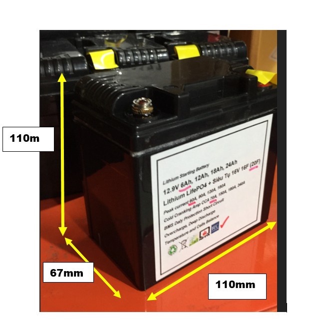 Ắc quy xe máy Siêu tụ 16V 20F + Pin Lithium LifePO4 12.8V 6Ah 12Ah 18Ah 24Ah bảo hành 2 năm, sử dụng > 5 năm