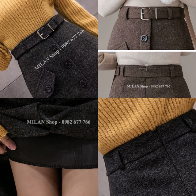 Chân váy dạ dài qua gối kèm đai hàng khuy giả túi phom rộng | BigBuy360 - bigbuy360.vn