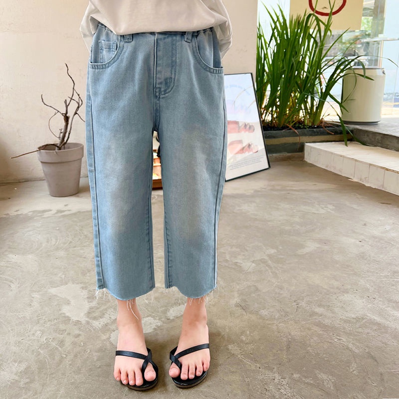 Quần Jean Dài Đến Mắt Cá Chân Thoáng Khí Mùa Hè Màu Xanh Dương Bạc Hà Phong Cách Phương Tây Retro Mùa Hè Cho Bé Gái 0608