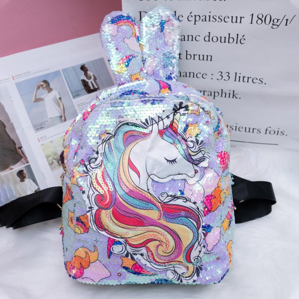 Balo trẻ em, balo cho bé tai thỏ kim tuyến hình ngựa pony màu cầu vồng các bé thích mê - HOT