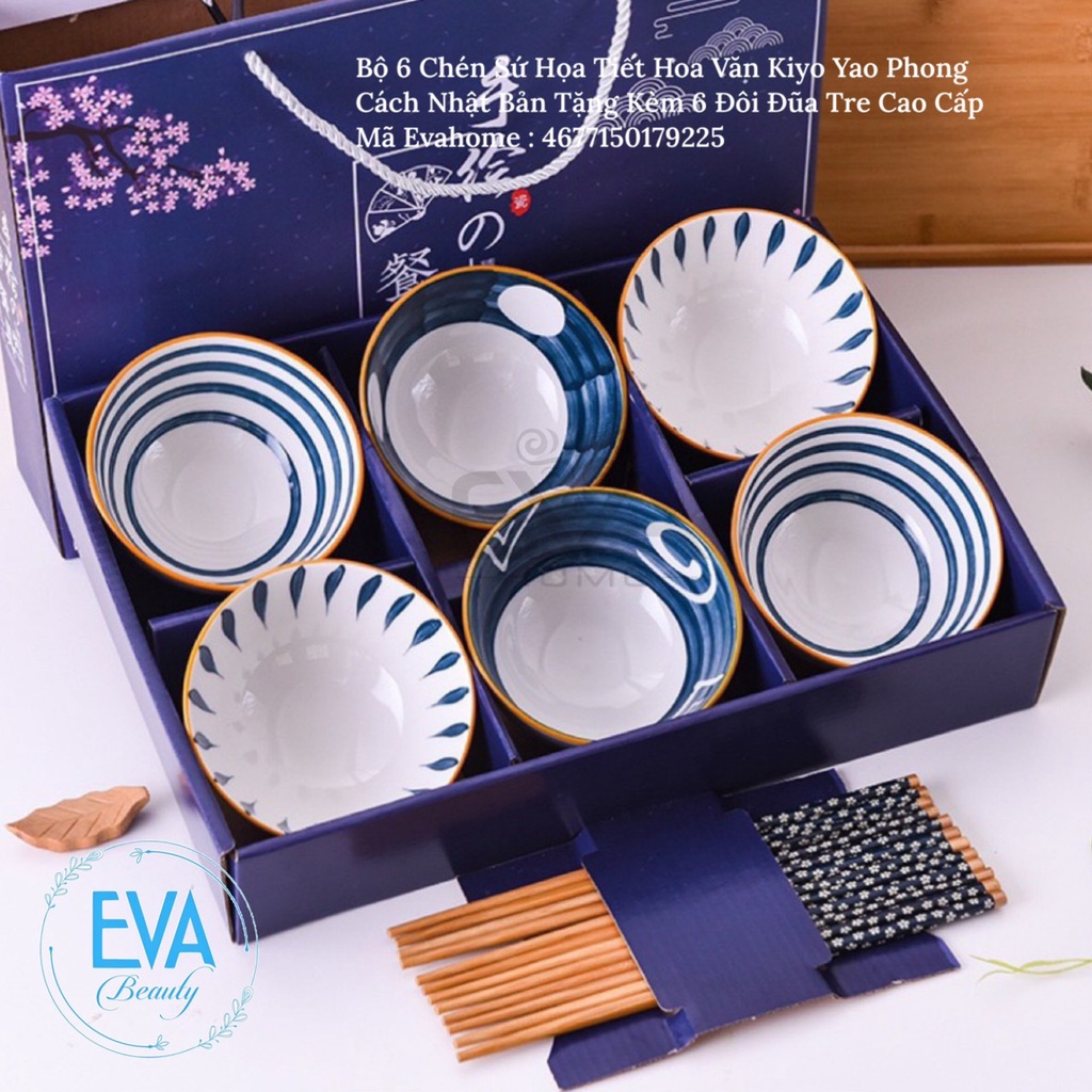 SÉT 6 Chén Sứ Hoạ Tiết Hoa Văn Phong Cách Tặng Kèm 6 Đũa Hoá ĐẸP