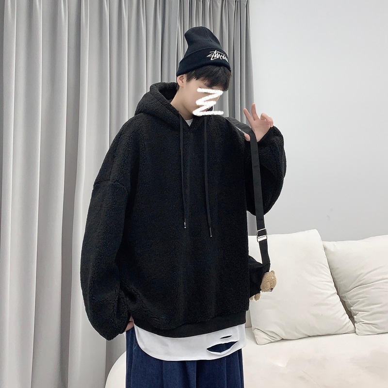 Áo khoác hoodie len lông cừu dáng rộng thời trang mùa đông cho nam giới
