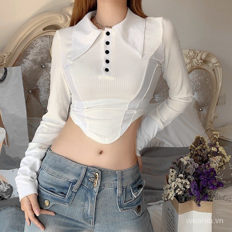Áo thun cổ polo tay dài phối nút thiết kế độc đáo thời trang cho nữ