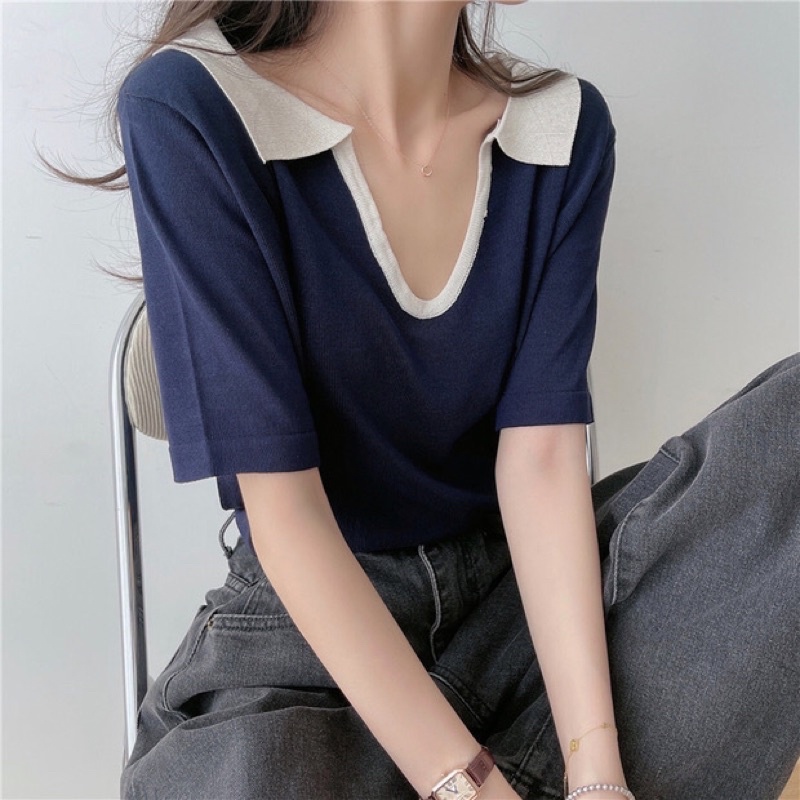 Áo dệt kim ngắn tay cổ V thời trang mùa hè Hàn Quốc đáng yêu cho nữ