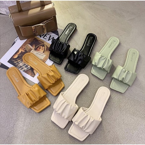 Dép Quai Ngang Nữ Bèo Nhún Tiểu Thư - Dép Lê Nữ Mũi Vuông Nhún Bèo Sành Điệu Mang Cực Êm Chân