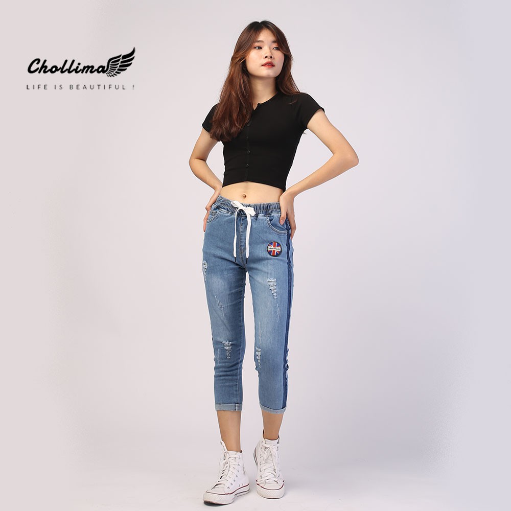 Quần jeans nữ lưng thun Chollima 2 viền màu xanh nhạt QD019 - Quần bò 9 tấc lưng thun