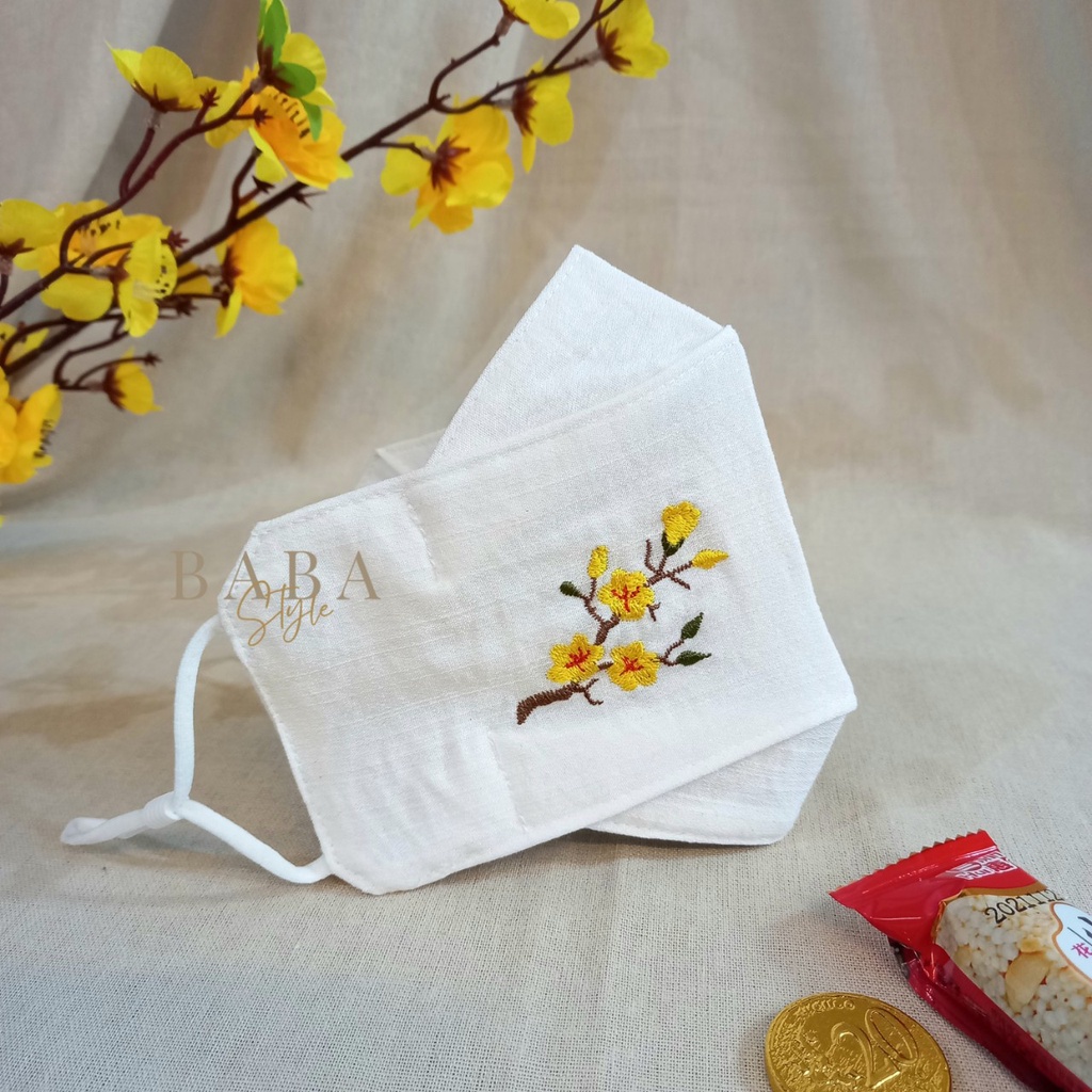 Khẩu Trang Thêu Hoa Vải Linen 3D 3 Lớp Kháng Khuẩn Mịn Mát  Có Nút Chặn Điều Chỉnh Phong Cách Thời Trang Đẹp Chất Lượng