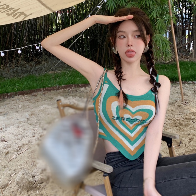 Áo Hai Dây Dệt Kim Màu Sắc Tương Phản Phong Cách Retro Hàn Quốc