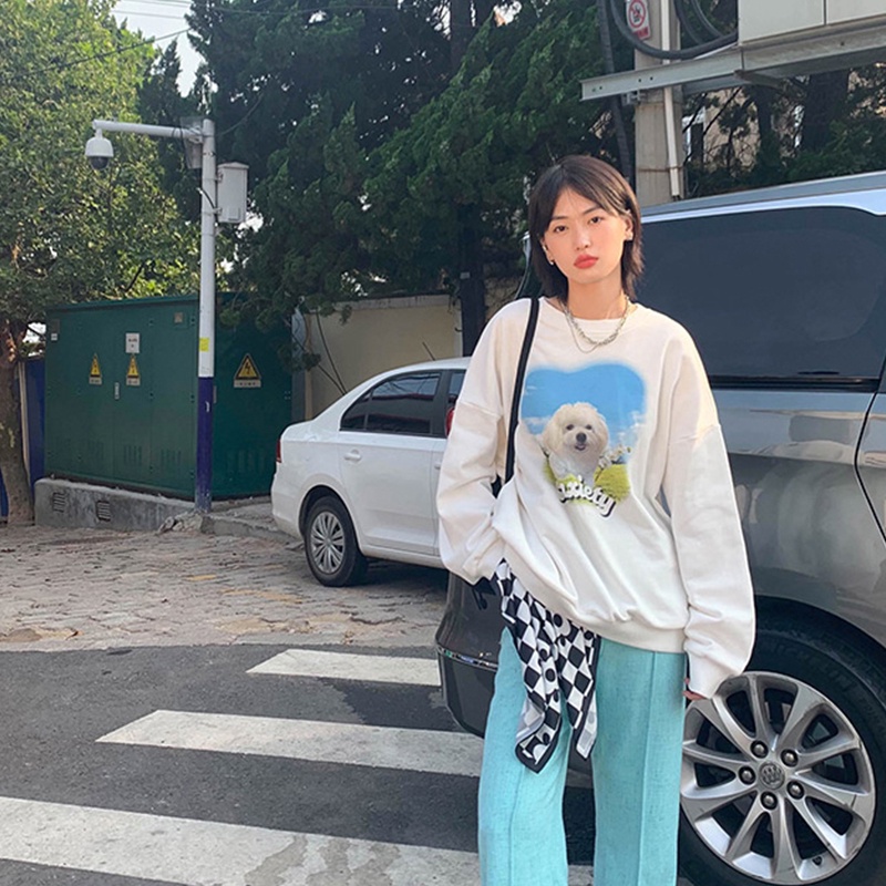 【ZHELIHANGFEI】Áo Thun Nỉ Tay Dài In Hình Cún Con Dễ Phối Đồ