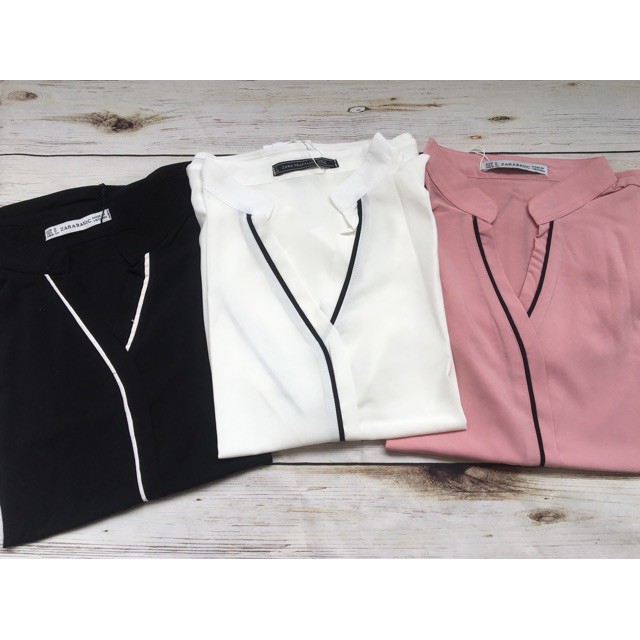 Áo sơ mi công sở nữ lụa viền cổ ba màu trắng, hồng, đen chất lụa mềm mát | BigBuy360 - bigbuy360.vn