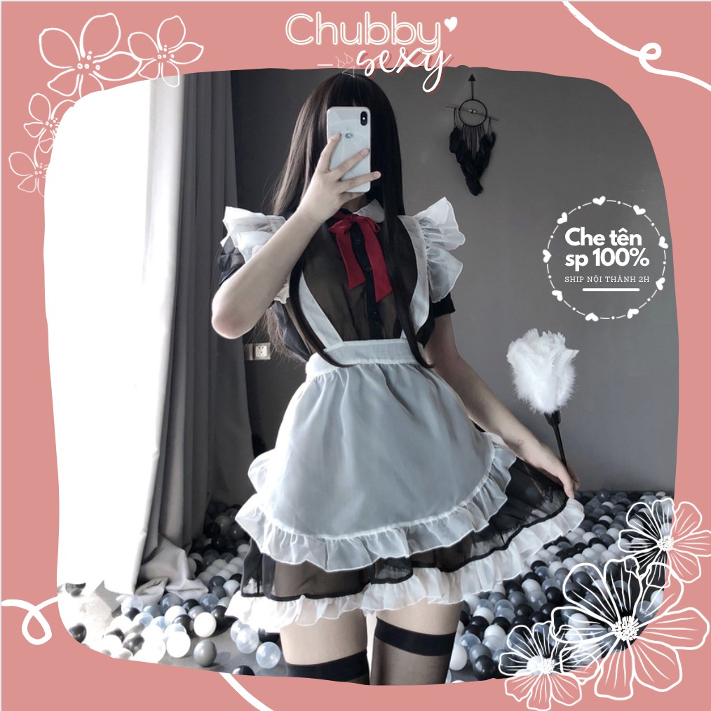 Cosplay Sexy Hầu Gái - Siêu phẩm set đồ cô hầu gái ren đen yếm trắng nơ đỏ - CPL16 - Chubby.sexy