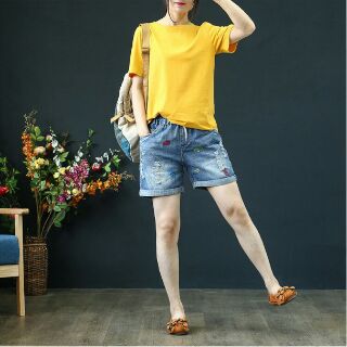 Quần sóc bò thêu hoa cao cấp