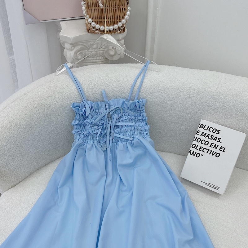 ĐẦM MIDI XANH BO CHUN NGỰC 2 DÂY CỘT