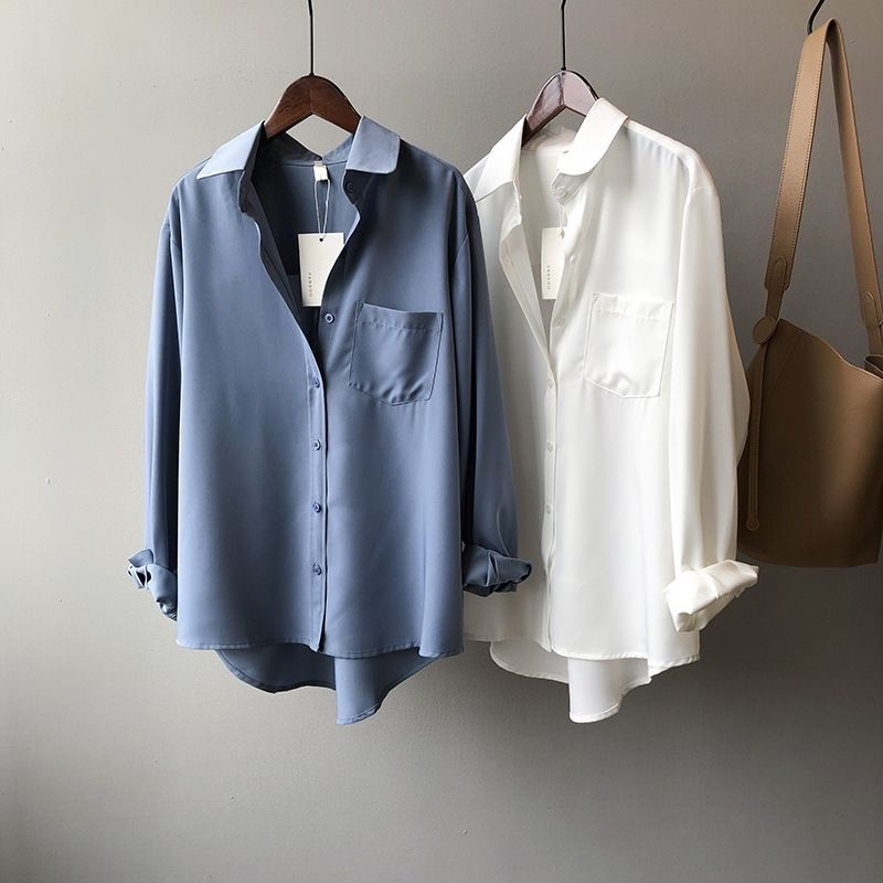 Áo Sơ Mi Chiffon Tay Dài Dáng Rộng Màu Trơn Phong Cách Hàn Quốc Thời Trang Cho Nữ