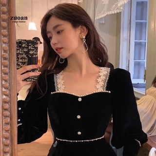 Thu đông mới dài tay ren đen nhung nữ midi đầm