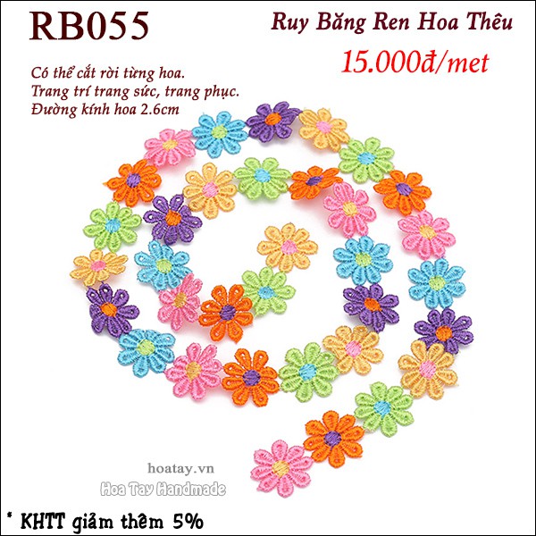 Ruy băng ren hoa thêu nhiều màu RB055 -Hoa Tay Handmade