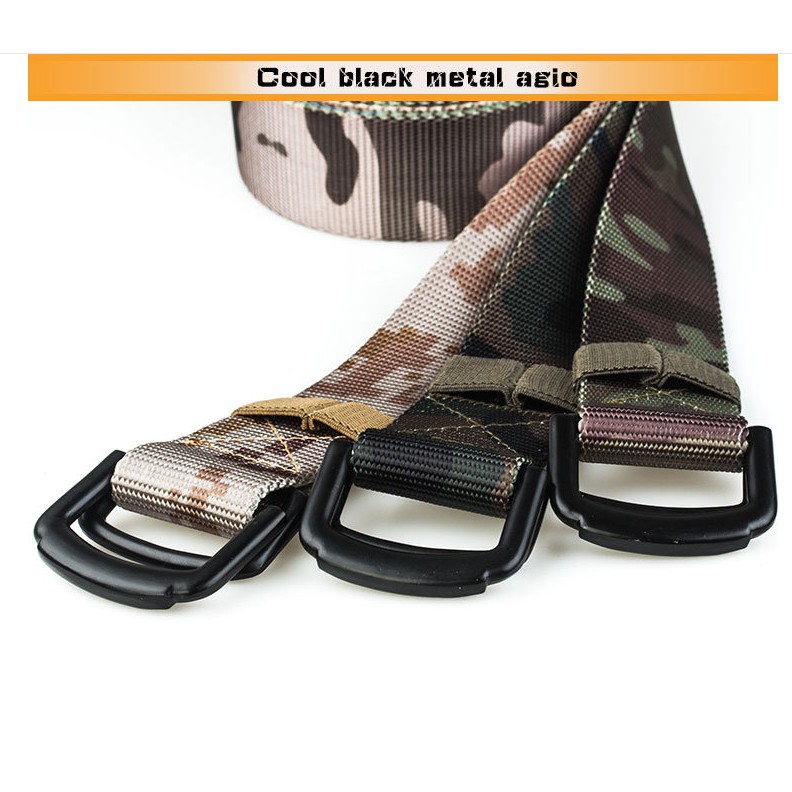 Dây nịt thắt lưng canvas dạng gài 2 thanh tròn khóa chữ D double ring rằn ri camo màu full đen