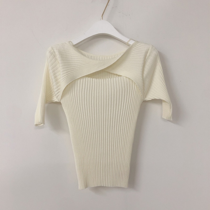 Áo Dệt Kim Tay Lửng Cổ Tròn Màu Sắc Trơn Thời Trang Mùa Hè Cho Nữ