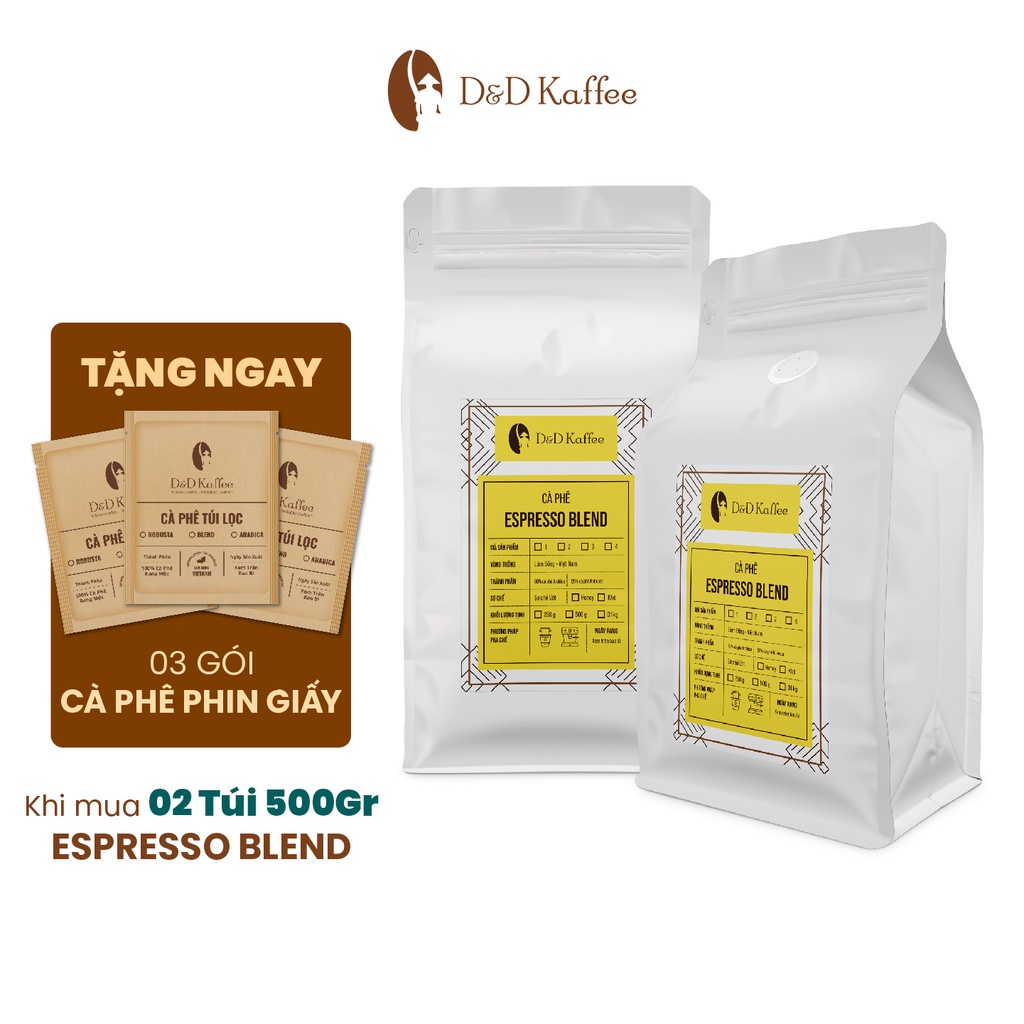 Cà phê Espresso Blend Gói 250gr/500gr, Cà phê nguyên chất 100% rang mộc - D&amp;D Kaffee