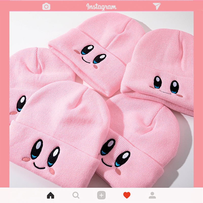 Mũ Dệt Kim Unisex Giữ Ấm Mùa Thu Đông In Hình Hoạt Hình Kirby Đáng Yêu Phong Cách Hip Hop