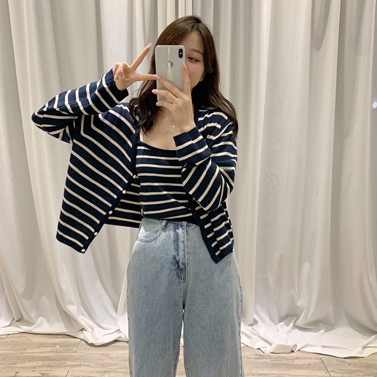 Set áo cardigan và áo hai dây ZHELIHANGFEI dệt kim kẻ sọc phong cách retro