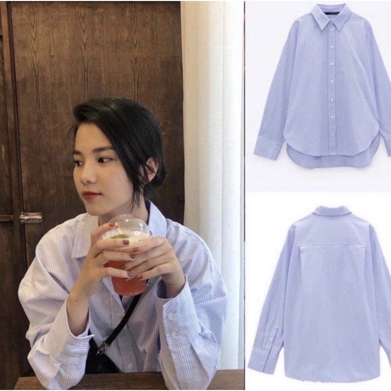 Áo sơ mi nữ kẻ xanh, áo sơ mi đuôi tôm phong cách Hàn Quốc dáng rộng