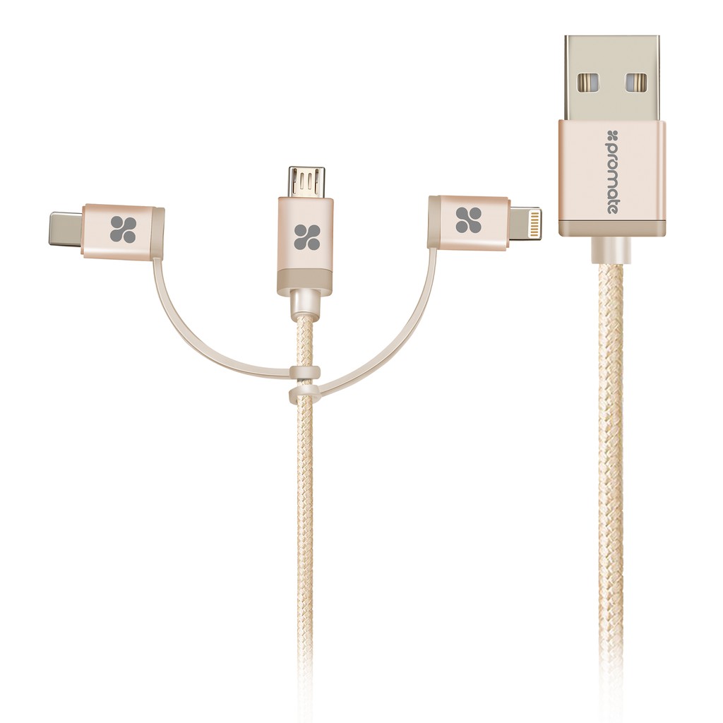 [Mã 2404EL10K giảm 10K đơn 20K] Cáp Sạc 3 Trong 1 Micro USB + Type C + Lightning Promate UNILINK-TRIO-Hàng Chính Hãng