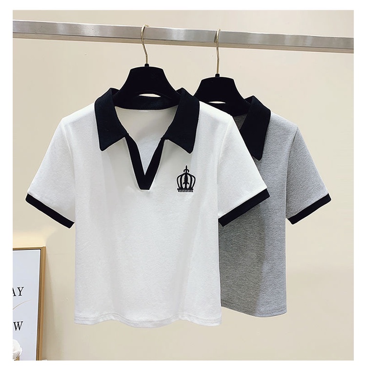 Áo thun polo dáng ngắn cổ V tay ngắn phong cách hè cho nữ