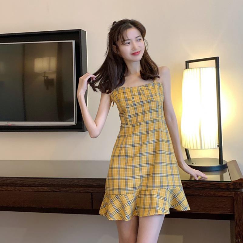Váy ngủ 2 dây phối họa tiết kẻ sọc caro thời trang dành cho nữ
