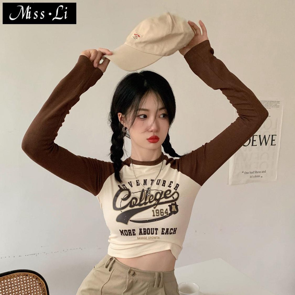 Áo Thun Dài Tay Ôm Dáng In Chữ Phong Cách Retro Mỹ Cho Nữ