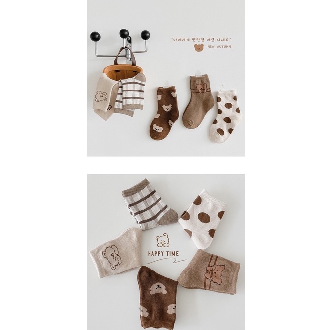 Set 5 Đôi Tất/Vớ Cotton Họa Tiết Gấu Phong Cách Hàn Quốc Cho Bé Trai, Bé Gái (1-12 tuổi)