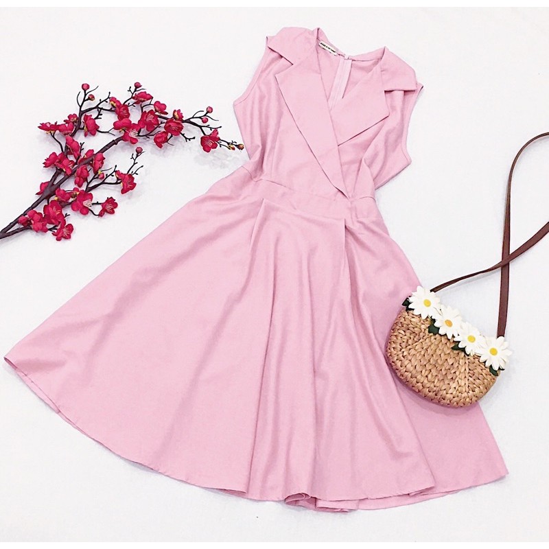 Đầm hồng xoè cổ vest (kèm hình thật) | BigBuy360 - bigbuy360.vn