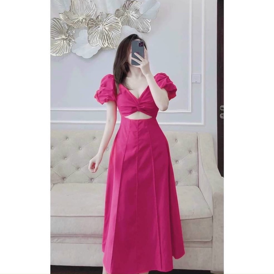 Váy đầm nữ dự tiệc tay ngắn xoắn ngực khoét eo thời trang nữ dạ hội dự tiệc