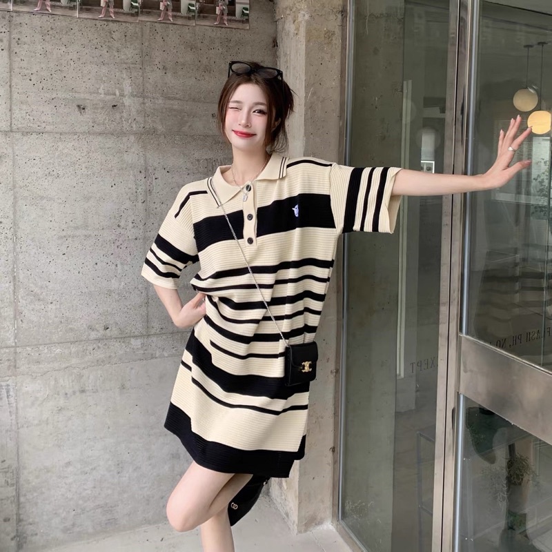 Váy polo nữ sọc ngang len mongtoghi cổ bẻ QC bigsize kèm clip và ảnh thật