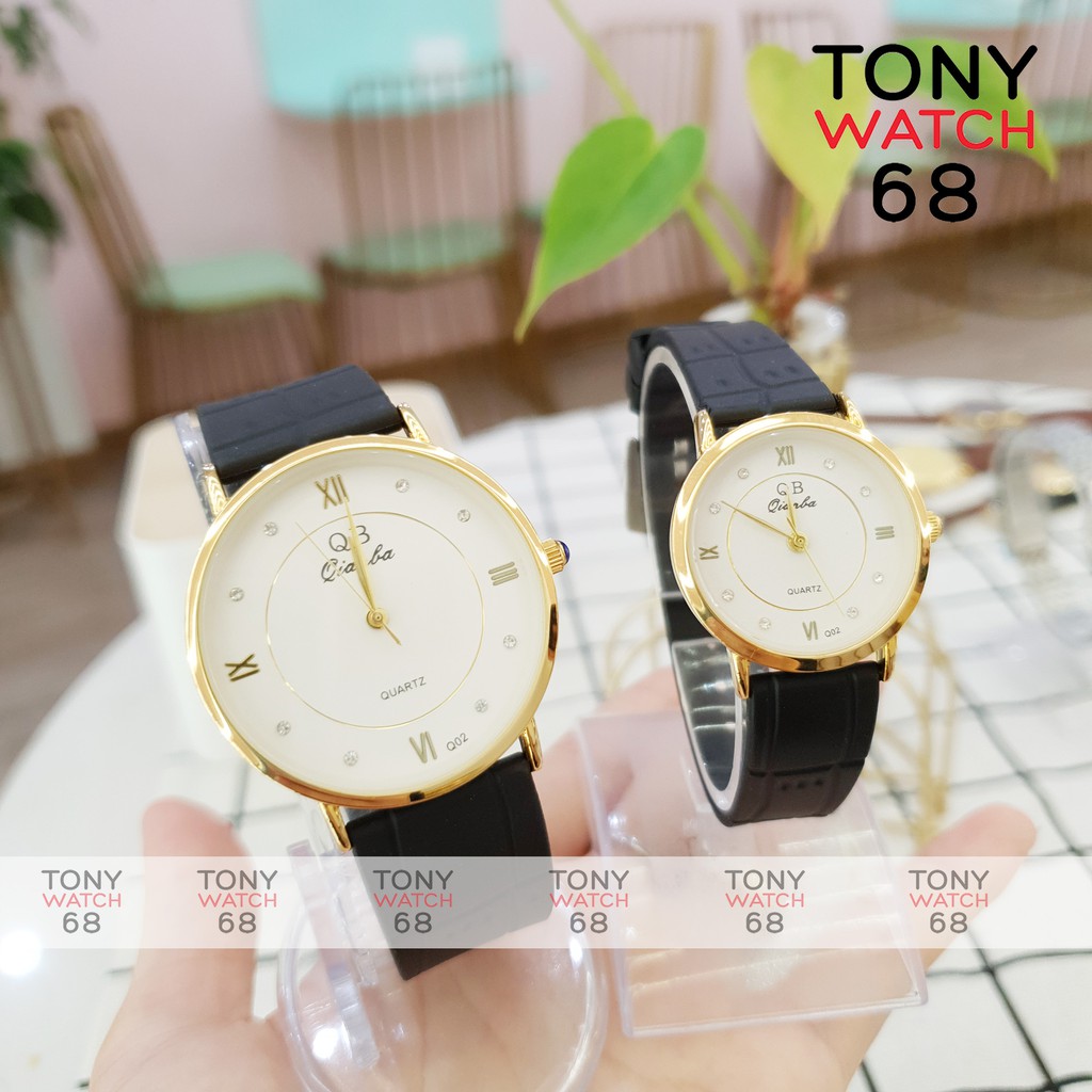 Cặp đồng hồ đôi nam nữ QB viền mạ vàng dây cao su siêu bền chính hãng Tony thumbnail
