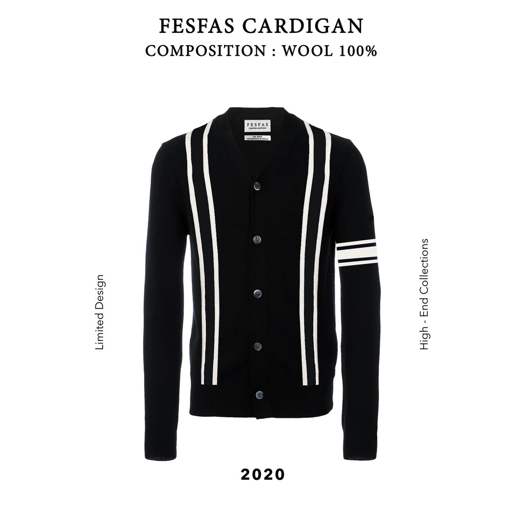 Áo Cardigan FesFas kết hợp họa tiết kẻ sọc, trang trí nút cổ chữ V thời trang cho nam FF CARDIGAN Wool 100%