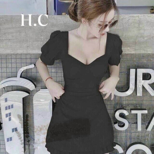 Đầm đũi tay phồng cổ vuông cột nơ lưng có mút ngực sexy sang chảnh