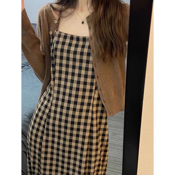 Váy hai dây kẻ nâu dáng dài kiểu dáng vintage Linzstore V165