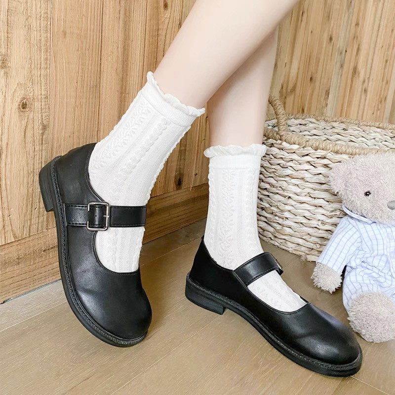 Tất Lolita cao cổ phối ren bèo màu trắng phong cách tiểu thư Hàn Quốc meimei.qc