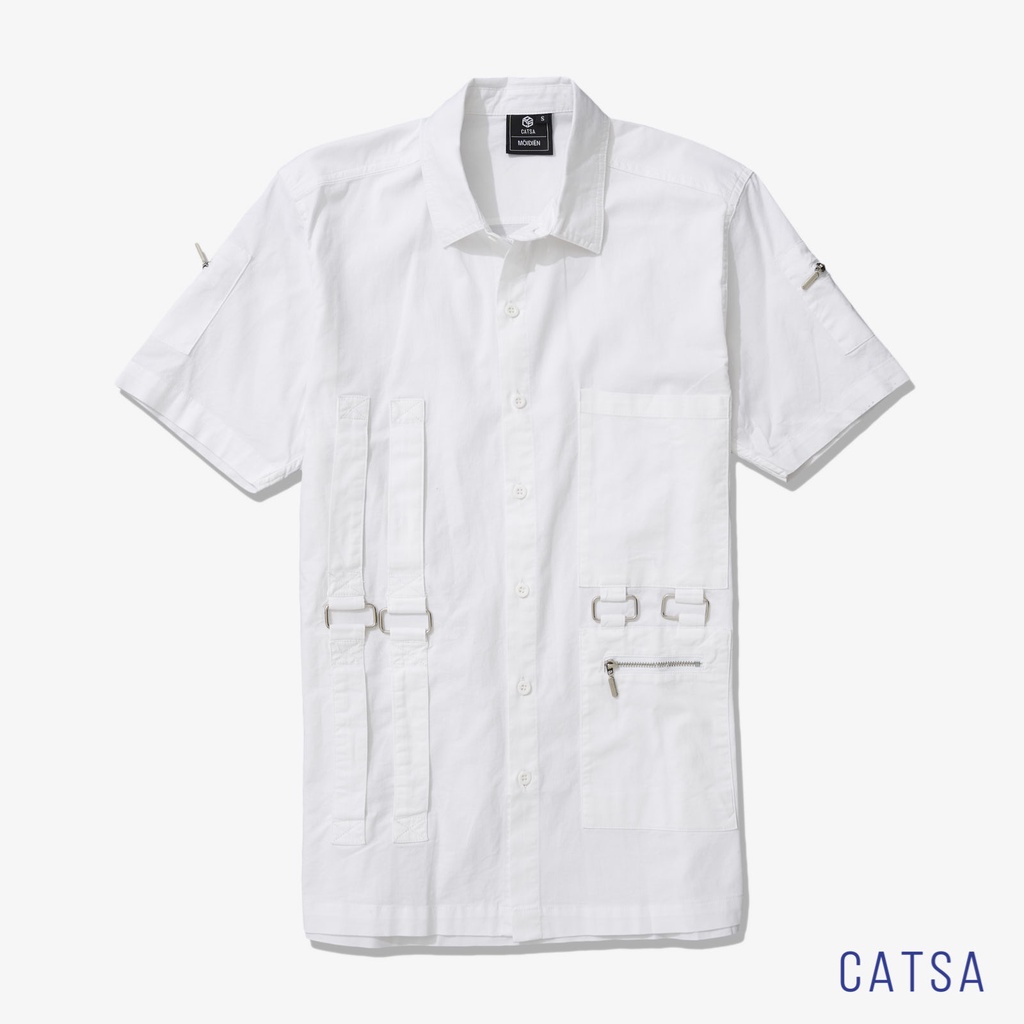 Áo sơ mi nam tay ngắn màu trắng phối móc khóa độc đáo, thấm hút mồ hôi, thoáng mát CATSA ASN166 - ASN167