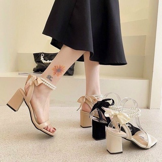 Giày sandal cao gót nữ  7 phân quai ngọc, Giày cao gót đế vuông thắt nơ 7 phân hottrend 2022 mã S172