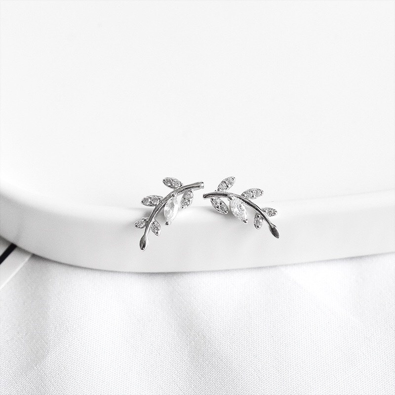 Bông tai AURA bạc, khuyên tai lá ô liu đính đá thanh lịch cho nữ-AURASILVER-KT06