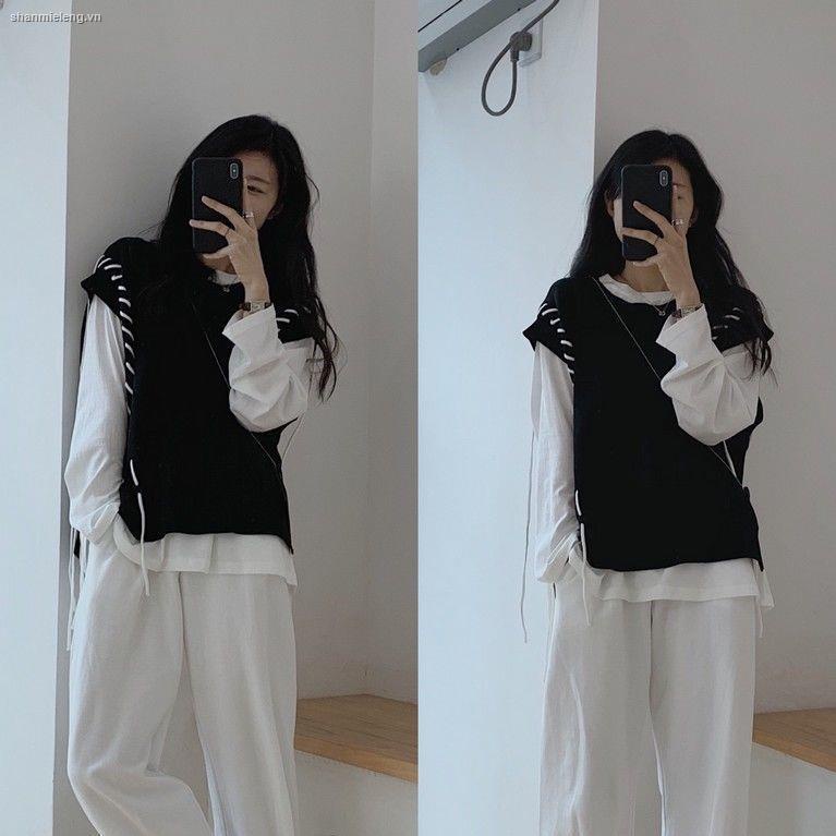 Set áo thun dài tay và áo khoác len không tay màu đen thiết kế thời trang cho nữ (có bán lẻ)