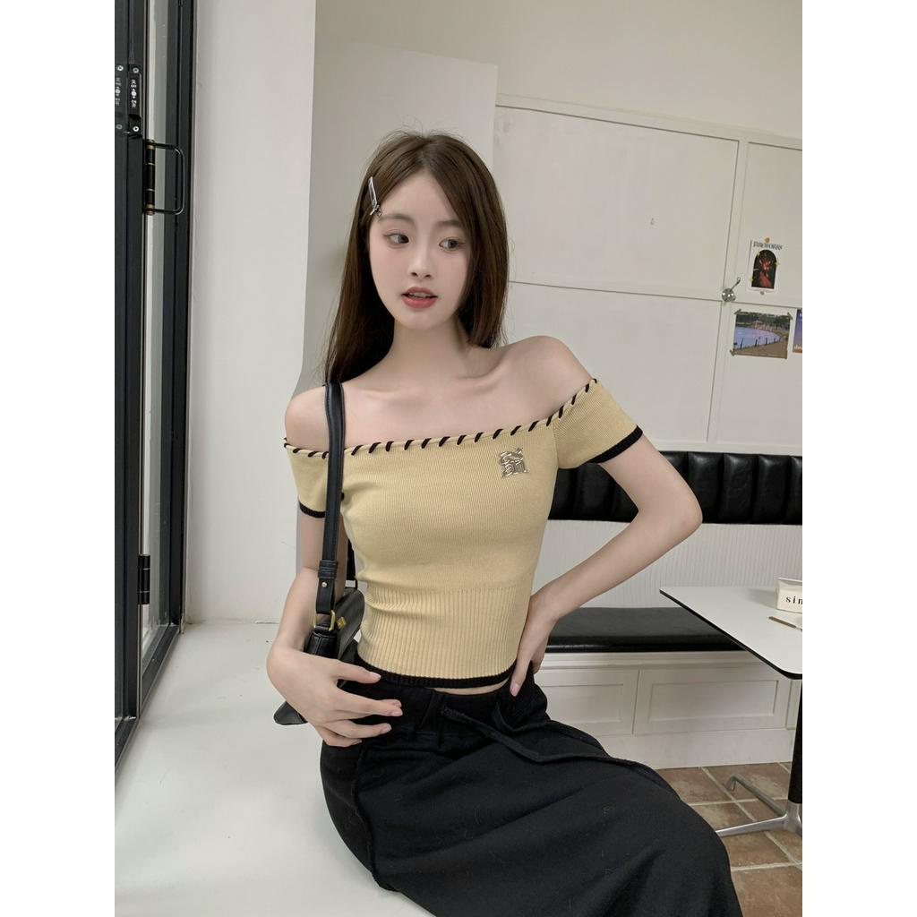 Áo Thun Dệt Kim Trễ Vai Màu Sắc Tương Phản Thời Trang Mùa Hè 64211