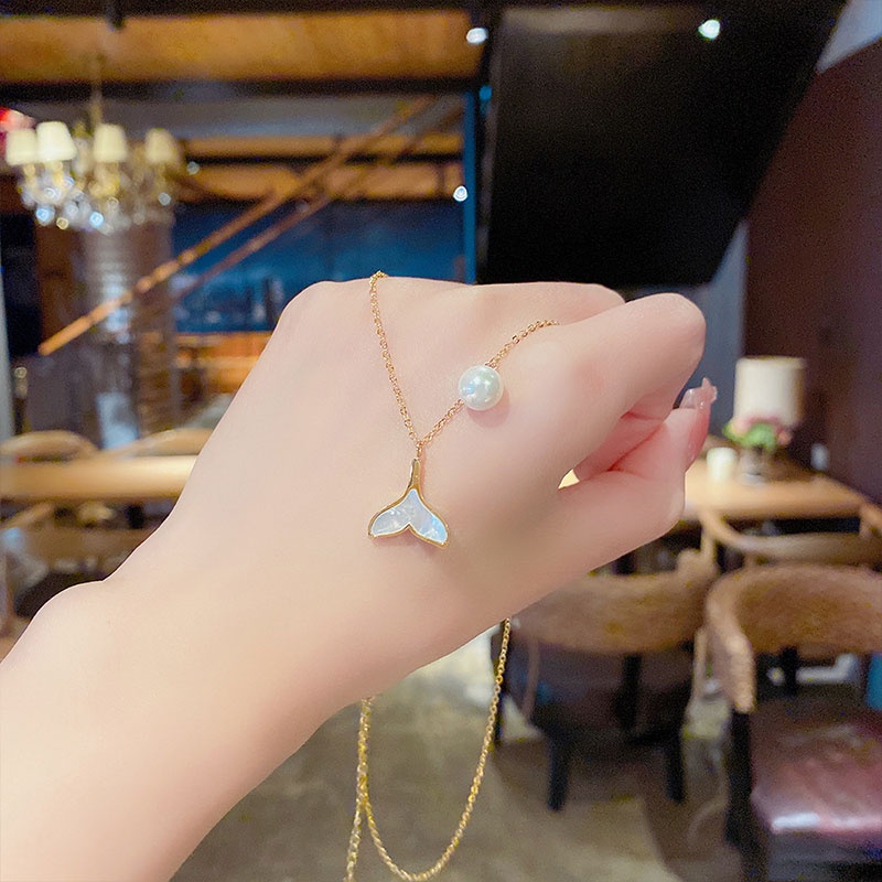 XIAOBOACC Dây Chuyền Thép Titan Mặt Đuôi Cá Đính Ngọc Trai Thời Trang Cho Nữ