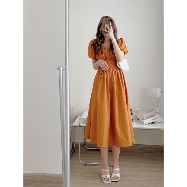 [Ảnh thật/Video]Váy Thô chun eo Mới về thiết kế cổ V dáng dài bo chun eo tôn dáng Đầm maxi Hàn Quốc đẹp nhẹ nhàng